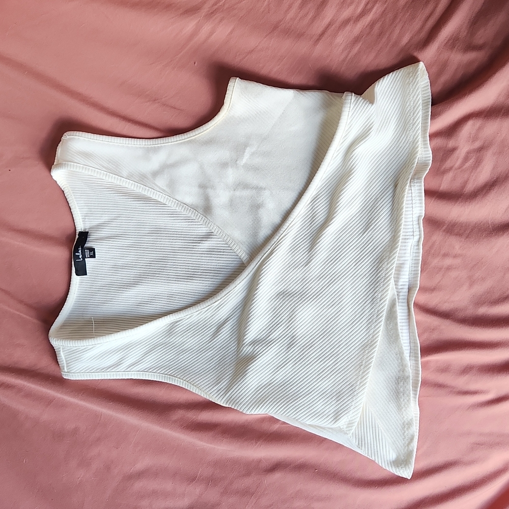 Lulu's XL Ivory Ribbed Sleeveless Faux Wrap Crop Top